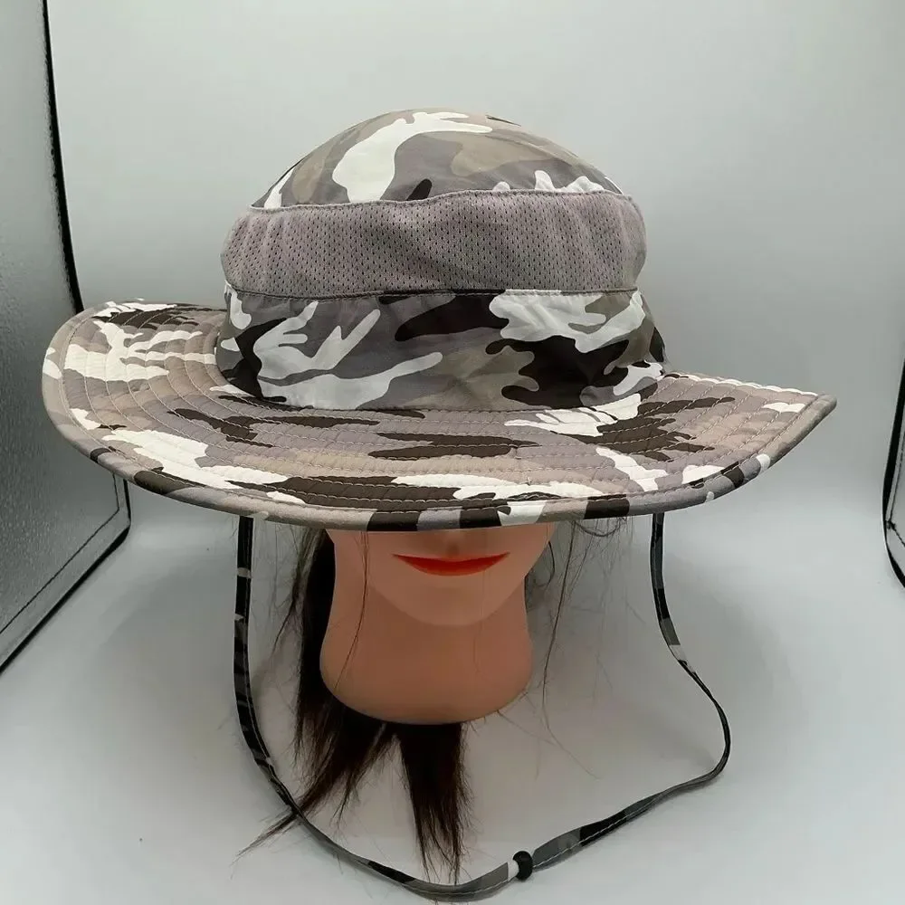 Camouflage print wide-brim sun hat with a mesh crown, adjustable chin strap